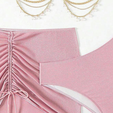 Women's 3 Piece Bikini Set Halter Triangle Chain Swimsuit Set with Beach Cover Ups Skirt Set