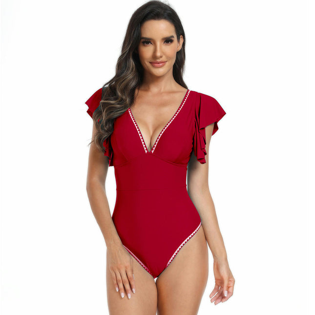 Womens Tummy Control Swimsuit V Neck One Piece Bathing Suits Slimming Ruffle Swimwear