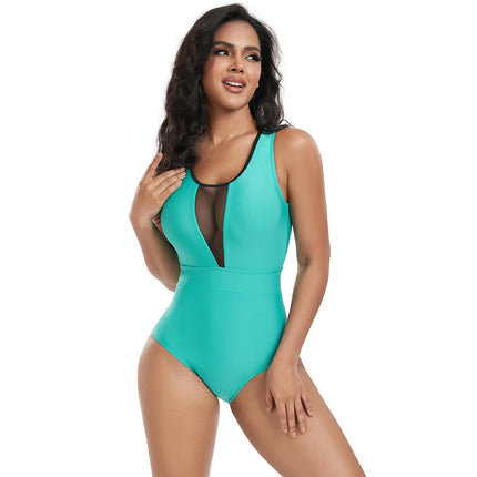 Women One Piece Swimsuit Mesh V Neck Swimwear Tummy Control Bathing Suit