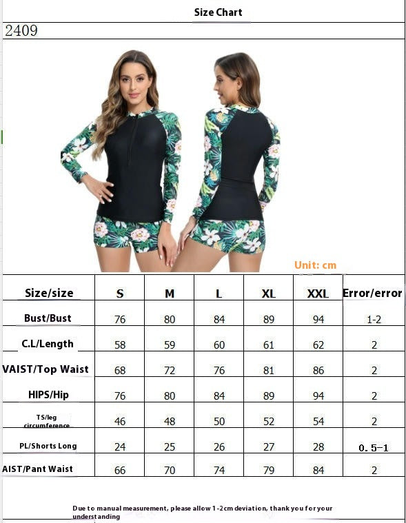 Women's Two Piece Rash Guard Long Sleeve Bathing Suit Zipper Front Swimsuit