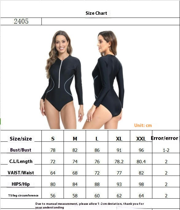 Womens Rash Guard Long Sleeve Zipper One-Piece Swimsuit Surfing Bathing Suit