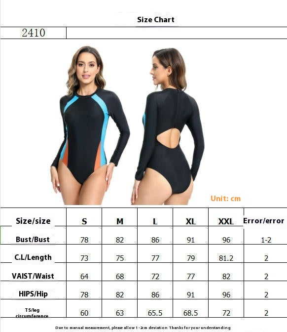 Womens Long Sleeve Rash Guard Zipper Surfing Bathing Suit One Piece Swimsuit