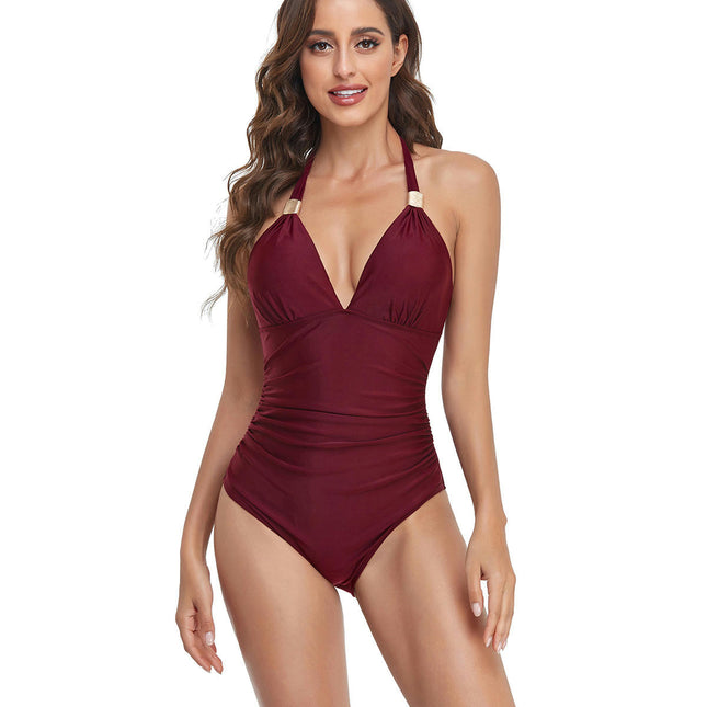 Women Halter Tummy Control Swimsuits One Piece Bathing Suit Modest V Neck Swimwear