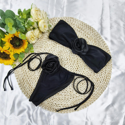 Women's 2 Piece Bandeau Swimsuit 3D Floral Tie Side High Cut Bikini Set Bathing Suit