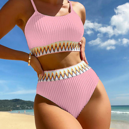 Women High Waisted Bikini Sets Swimsuits Color Block 2 Piece Spaghetti Strap Bathing Suit