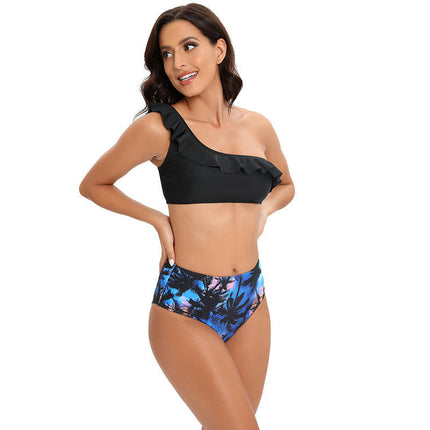 Women's Cheeky Ruffled One Shoulder Bikini Bathing Suit Set High Waisted Two Pieces Swimsuit