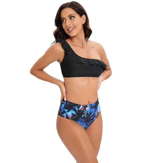 Women's Cheeky Ruffled One Shoulder Bikini Bathing Suit Set High Waisted Two Pieces Swimsuit