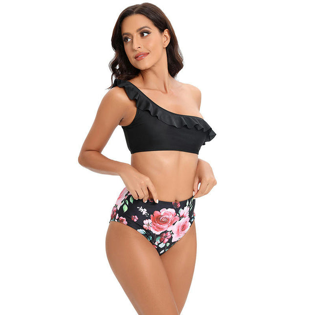 Women's Cheeky Ruffled One Shoulder Bikini Bathing Suit Set High Waisted Two Pieces Swimsuit