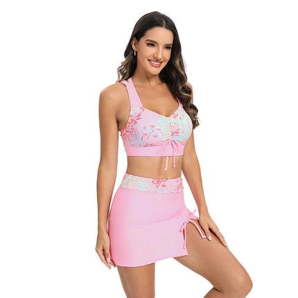 Women's 3 Piece Bathing Suits V Neck Bikini Set Swimsuit with Cover Up Skirt