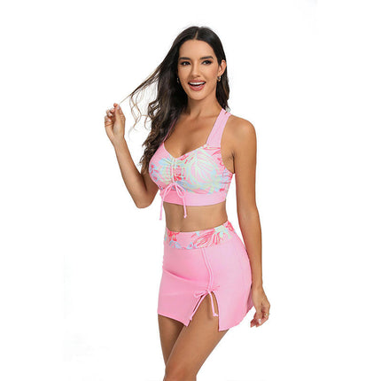 Women's 3 Piece Bathing Suits V Neck Bikini Set Swimsuit with Cover Up Skirt