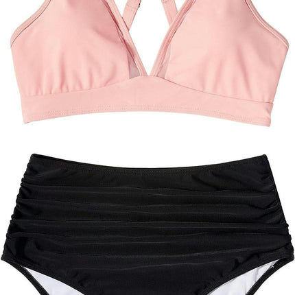 Women's Two Piece V Neck Bikini Swimsuits High Waisted Ruched Tummy Control Swimwear