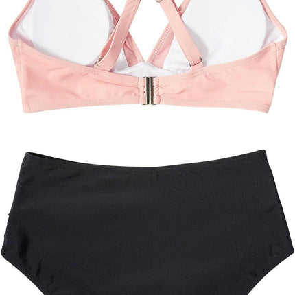 Women's Two Piece V Neck Bikini Swimsuits High Waisted Ruched Tummy Control Swimwear