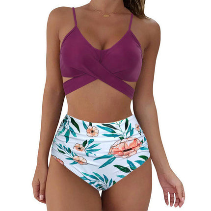 Women's Two Piece Swimsuits Tummy Control High Waisted Bathing Suit Tie Back Swimsuit