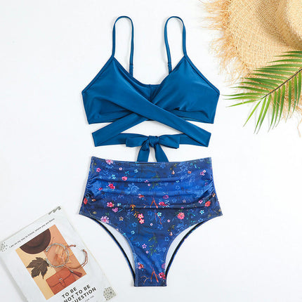 Women's Two Piece Swimsuits Tummy Control High Waisted Bathing Suit Tie Back Swimsuit 1