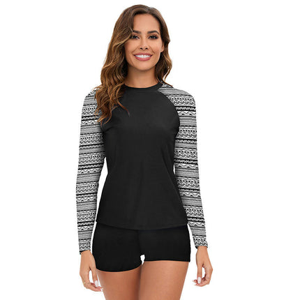 Women Two Piece Rash Guard Long Sleeve Bathing Suit Print Swimwear with Boyshorts