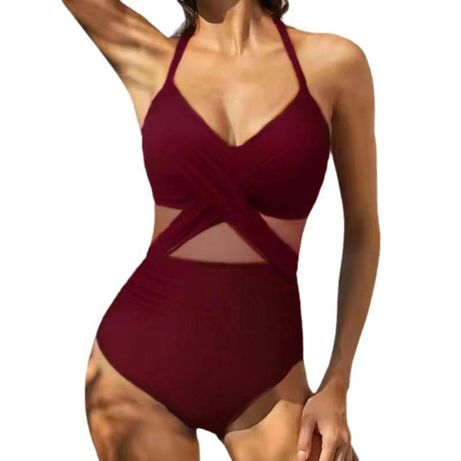 Women's One Piece Swimsuit V Neck Mesh Bathing Suit Slimming Tummy Control Swimwear