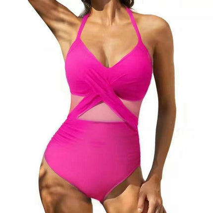 Women's One Piece Swimsuit V Neck Mesh Bathing Suit Slimming Tummy Control Swimwear