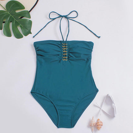 Women's Ruched One Piece Swimsuit Tummy Control Halter Bandeau Bathing Suit