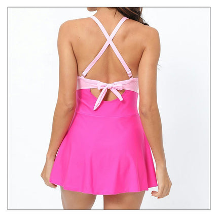 Women's One Piece Swimdress V Neck Tie Back Skirt Swimsuit Tummy Control Bathing Suits