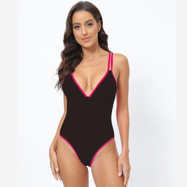 Womens One Piece Swimsuits Tummy Control Criss Cross Back Color Block V Neck Bathing Suit
