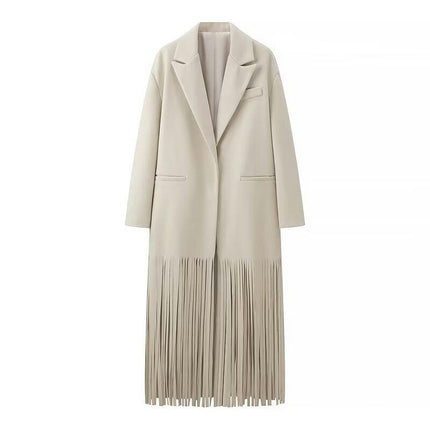 Spring and Autumn Women's Button Long Tassel Suit Collar Hidden Button Windbreaker Jacket