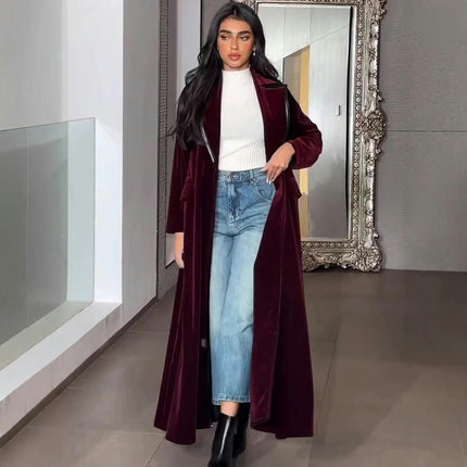 Women's Single Button Breasted Lapel Midi Long Vintage Velvet Trench Coat