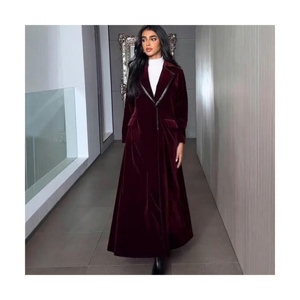 Women's Single Button Breasted Lapel Midi Long Vintage Velvet Trench Coat