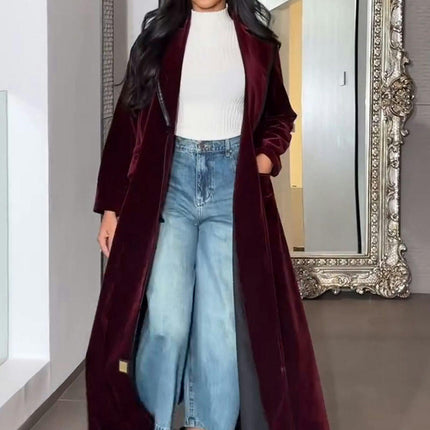 Women's Single Button Breasted Lapel Midi Long Vintage Velvet Trench Coat