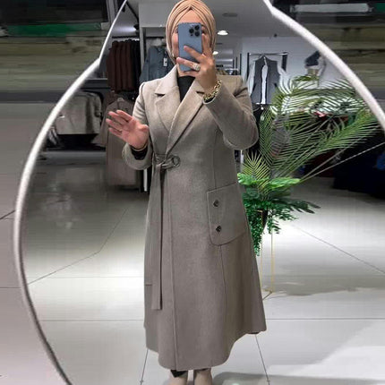 Women's Long Coat Fashion Casual Lapel Side Waist Tie Dress Outerwear