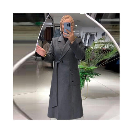 Women's Long Coat Fashion Casual Lapel Side Waist Tie Dress Outerwear