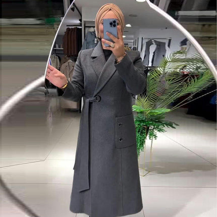Women's Long Coat Fashion Casual Lapel Side Waist Tie Dress Outerwear