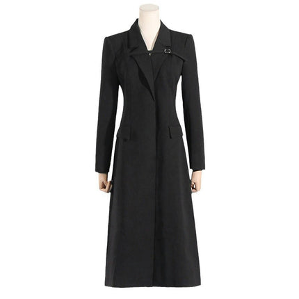Women's Front Opening Extra Long Cardigan Coat Notch Lapel Autumn Jacket with Pockets