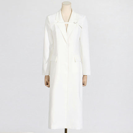 Women's Front Opening Extra Long Cardigan Coat Notch Lapel Autumn Jacket with Pockets