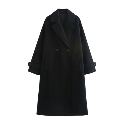 Women's Oversized Notched Collar Wool Blend Single Breast Midi Long Trench Coat