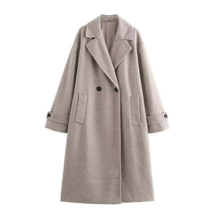 Women's Oversized Notched Collar Wool Blend Single Breast Midi Long Trench Coat