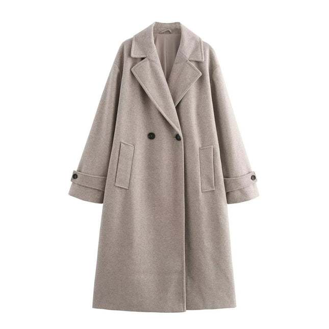 Women's Oversized Notched Collar Wool Blend Single Breast Midi Long Trench Coat