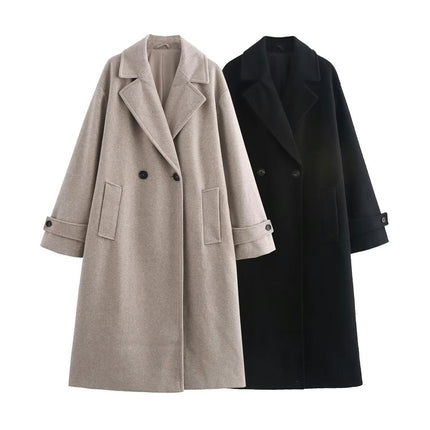 Women's Oversized Notched Collar Wool Blend Single Breast Midi Long Trench Coat