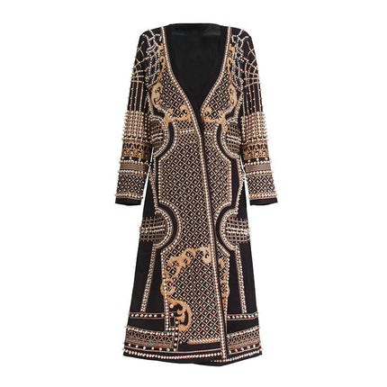 Women's Retro Palace Style Beaded Print V-Neck Long Sleeve Cardigan Jacket