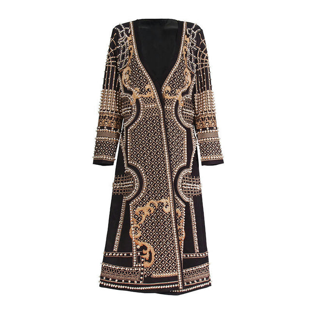 Women's Retro Palace Style Beaded Print V-Neck Long Sleeve Cardigan Jacket