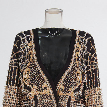 Women's Retro Palace Style Beaded Print V-Neck Long Sleeve Cardigan Jacket