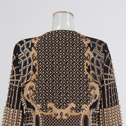 Women's Retro Palace Style Beaded Print V-Neck Long Sleeve Cardigan Jacket