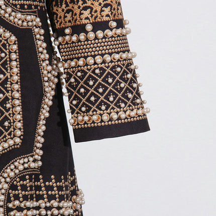 Women's Retro Palace Style Beaded Print V-Neck Long Sleeve Cardigan Jacket