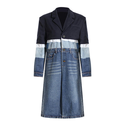 Women's Denim Lapel Button Windbreaker - Contrast Color Stitching Long Dress Jacket