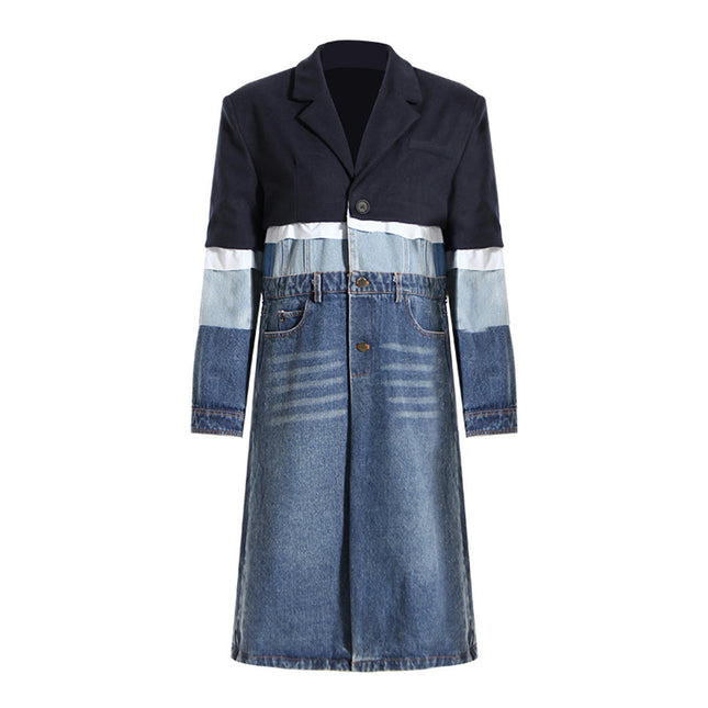 Women's Denim Lapel Button Windbreaker - Contrast Color Stitching Long Dress Jacket