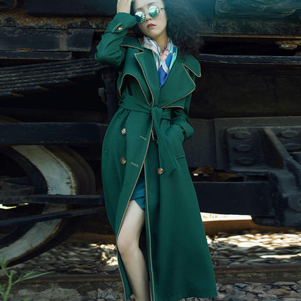 Women's Trench Coat Long Double-Breasted Spring Fall Fashion Lapel Overcoat Outerwear With Belt