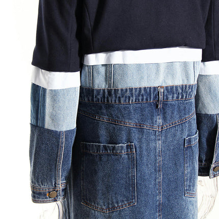 Women's Denim Lapel Button Windbreaker - Contrast Color Stitching Long Dress Jacket