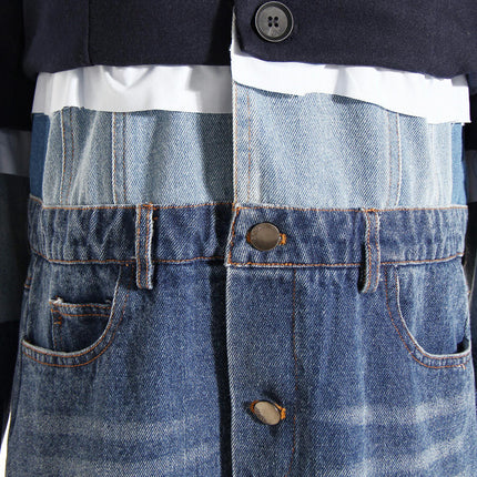Women's Denim Lapel Button Windbreaker - Contrast Color Stitching Long Dress Jacket