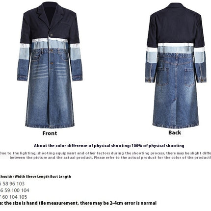 Women's Denim Lapel Button Windbreaker - Contrast Color Stitching Long Dress Jacket