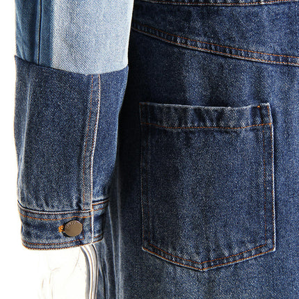 Women's Denim Lapel Button Windbreaker - Contrast Color Stitching Long Dress Jacket