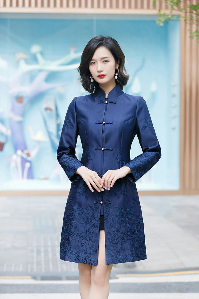 Women's Embroidery Chinese Style Retro Long Sleeve Mid-length Dress Coat